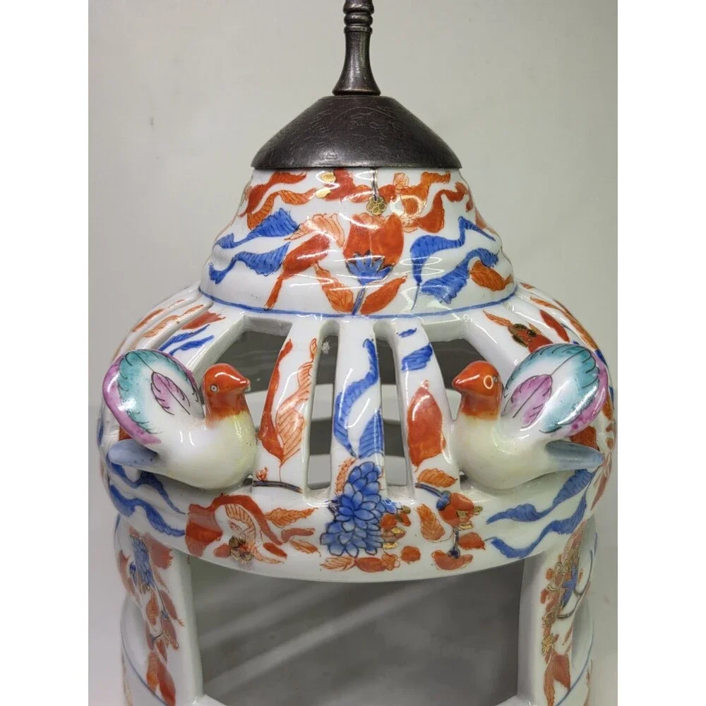 Vintage Chinoiserie Ceramic Bird Cage Candle Holder Lantern Hanger Gold Imari